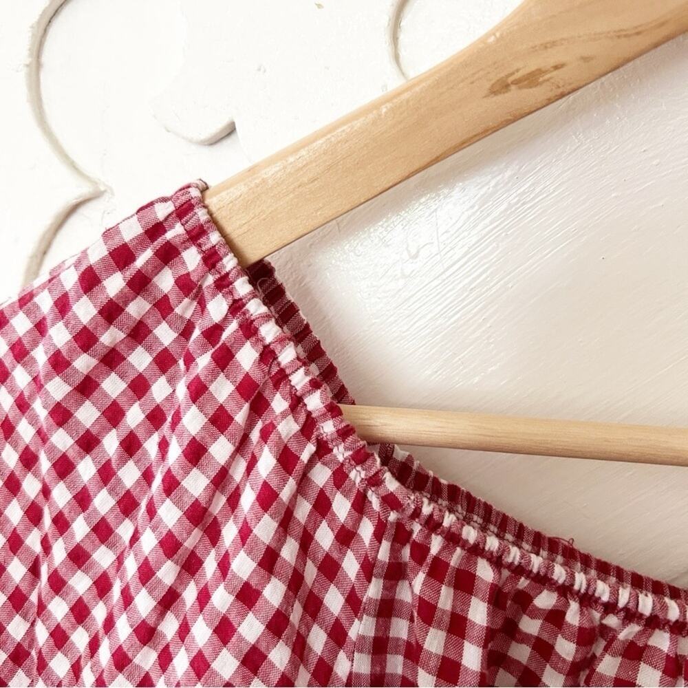 Zara Off the Shoulder Gingham Dress Red White Tiered Ruffle Sleeve Size M - Picture 7 of 10